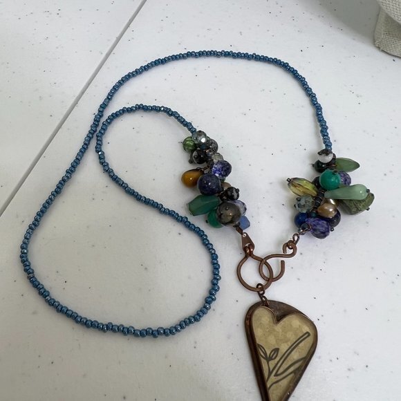 Beaded Necklace Heart Blue Chain Yellow Copper Tone Cluster Drop Dangle - Picture 5 of 9